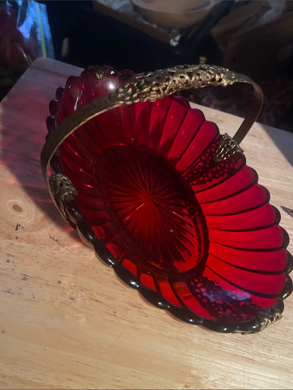 Antique Imperial Glass Ruby Red Bride's Basket W/Brass Filigree Accents & Handle